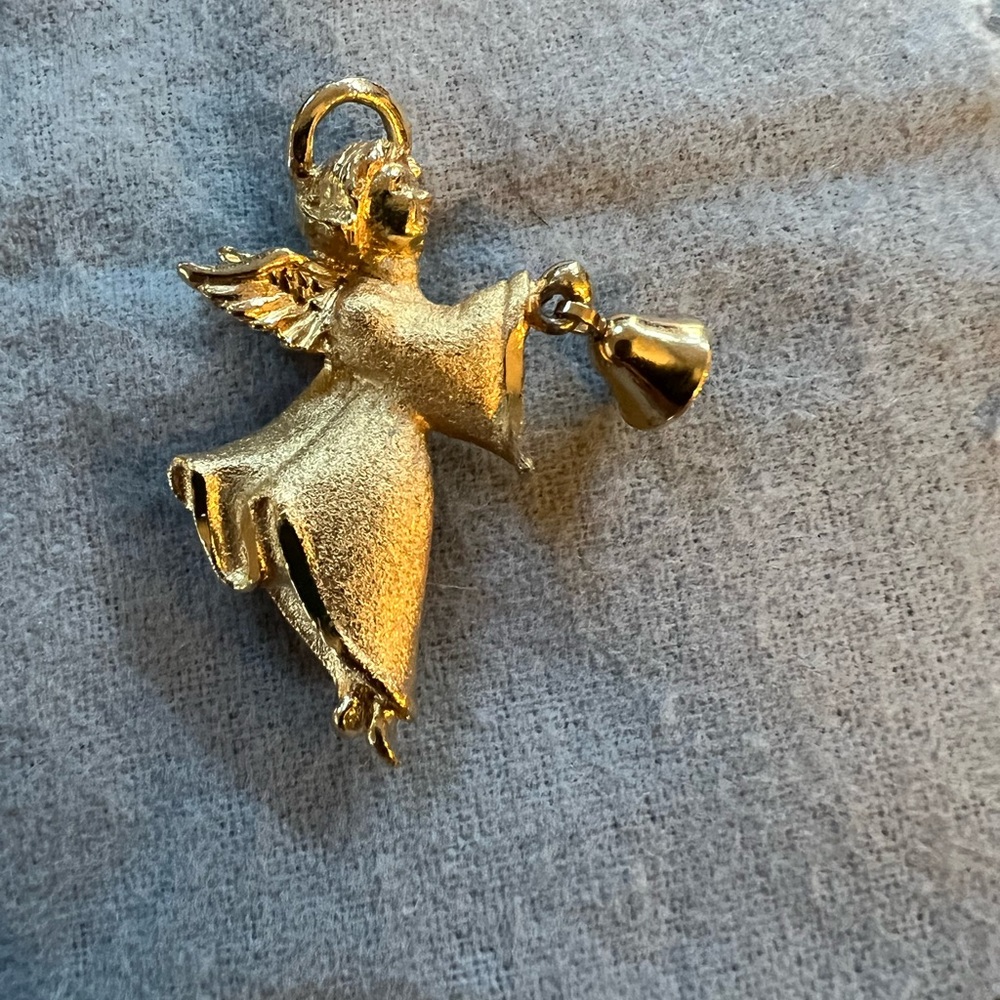 Vintage Gold Tone Angel Brooch with Bell